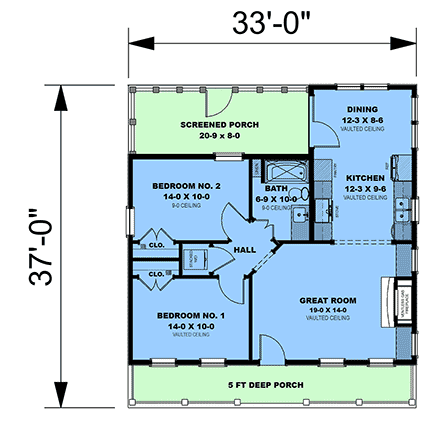 Contemporary, Cottage, Modern House Plan 77459 with 2 Beds, 1 Baths First Level Plan