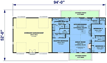 Barndominium House Plan 77460 with 3 Beds, 2 Baths, 4 Car Garage First Level Plan