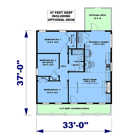 Cottage, Country House Plan 77466 with 3 Beds, 1 Baths First Level Plan