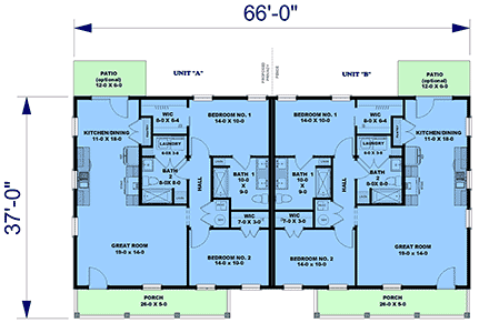 Cottage, Country, Craftsman, Ranch Multi-Family Plan 77468 with 4 Beds, 4 Baths First Level Plan
