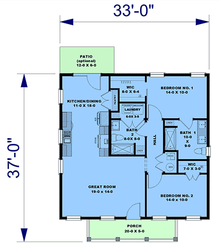 Cottage, Country, Ranch House Plan 77469 with 2 Beds, 2 Baths First Level Plan