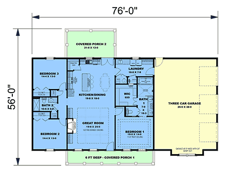 Contemporary, Farmhouse, New American, Ranch House Plan 77470 with 3 Beds, 2 Baths, 3 Car Garage First Level Plan