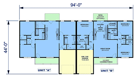 Country, Ranch, Southern, Traditional Multi-Family Plan 77473 with 6 Beds, 4 Baths, 2 Car Garage First Level Plan
