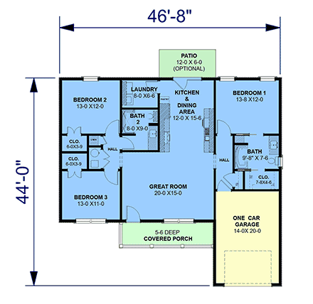 Country, Ranch, Traditional House Plan 77474 with 3 Beds, 2 Baths, 1 Car Garage First Level Plan
