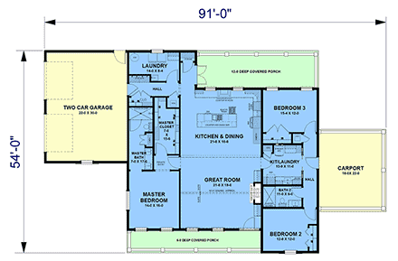 Contemporary, Country, Farmhouse, Southern House Plan 77475 with 3 Beds, 2 Baths, 2 Car Garage First Level Plan