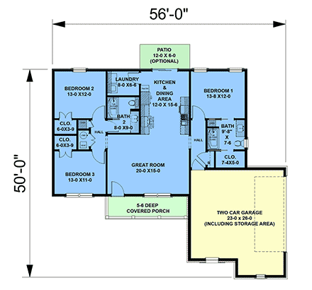 Contemporary, Country, Farmhouse, New American House Plan 77477 with 3 Beds, 2 Baths, 2 Car Garage First Level Plan