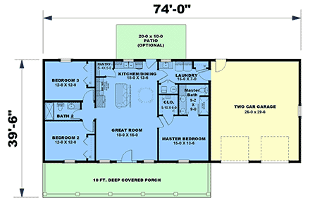 Country, Farmhouse, Ranch House Plan 77479 with 3 Beds, 2 Baths, 2 Car Garage First Level Plan
