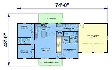 Country, Ranch House Plan 77480 with 3 Beds, 2 Baths, 2 Car Garage First Level Plan