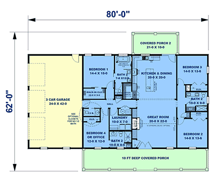 Contemporary, Country, Farmhouse, New American, Ranch House Plan 77484 with 4 Beds, 4 Baths, 3 Car Garage First Level Plan