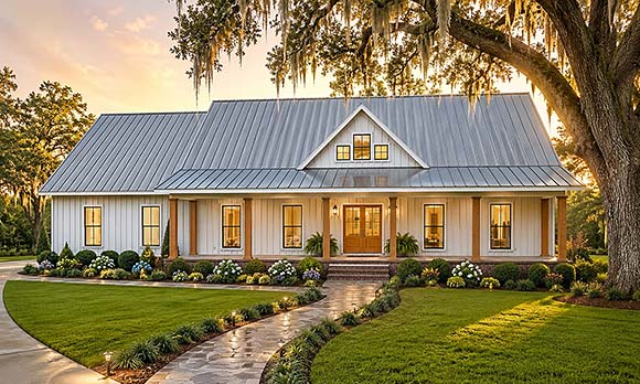 Contemporary, Country, Farmhouse, New American, Ranch House Plan 77484 with 4 Beds, 4 Baths, 3 Car Garage Elevation