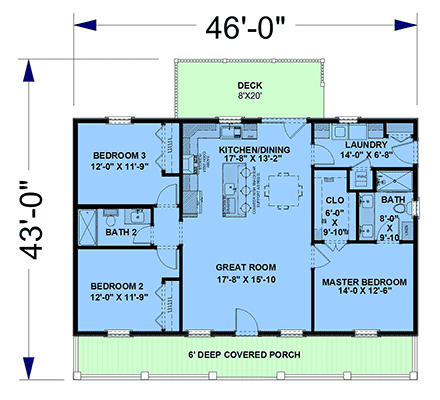 Country, Ranch House Plan 77488 with 3 Beds, 2 Baths First Level Plan