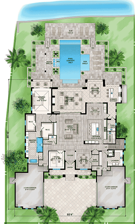Coastal, Contemporary House Plan 77500 with 4 Beds, 6 Baths, 4 Car Garage First Level Plan