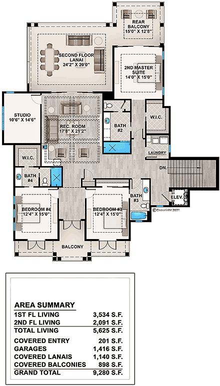 Coastal, Contemporary House Plan 77500 with 4 Beds, 6 Baths, 4 Car Garage Second Level Plan