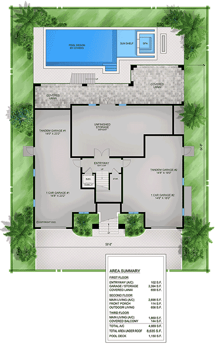 Coastal, Contemporary, Florida House Plan 77505 with 4 Beds, 6 Baths, 4 Car Garage First Level Plan