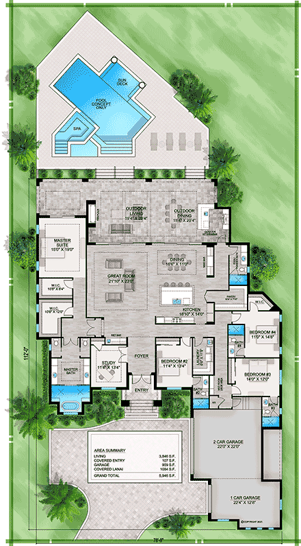Coastal, Contemporary, Florida House Plan 77506 with 4 Beds, 5 Baths, 3 Car Garage First Level Plan