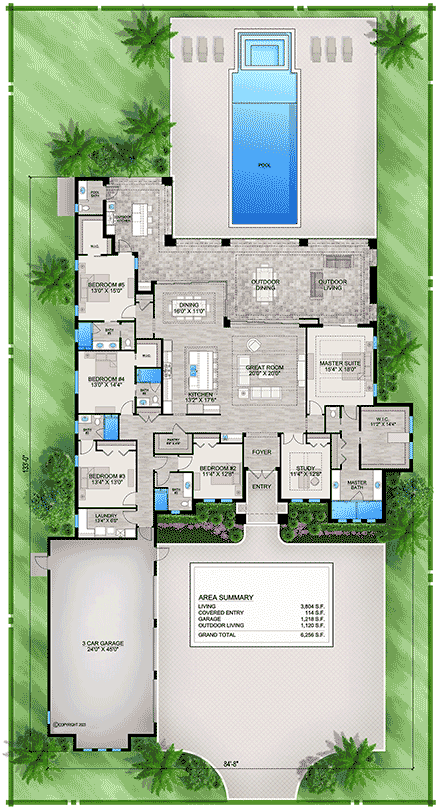 Coastal, Contemporary, Florida House Plan 77509 with 5 Beds, 6 Baths, 3 Car Garage First Level Plan