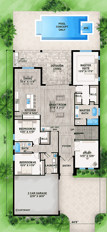 Coastal, Contemporary, European, Florida House Plan 77515 with 5 Beds, 3 Baths, 2 Car Garage First Level Plan