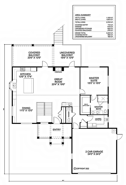 Cabin, Country, Farmhouse, New American, Traditional House Plan 77516 with 3 Beds, 3 Baths, 2 Car Garage First Level Plan