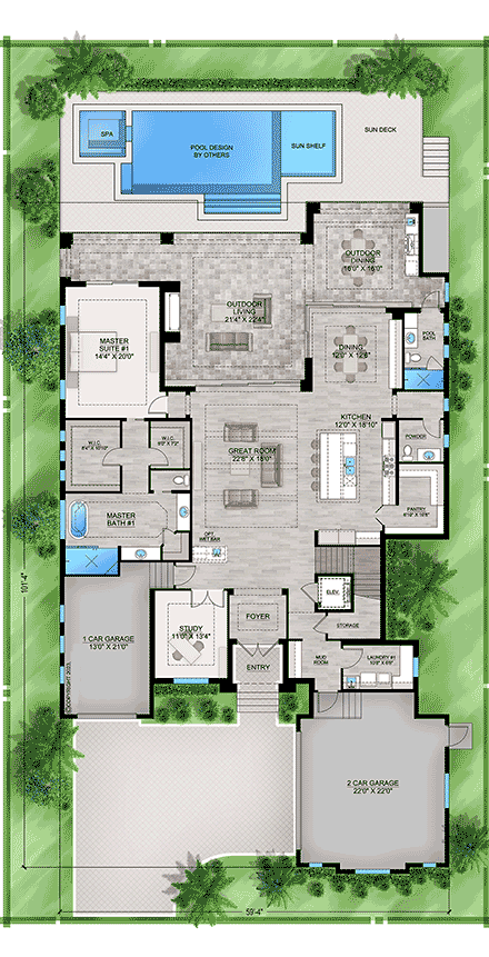 Coastal, Contemporary, Florida House Plan 77523 with 4 Beds, 6 Baths, 3 Car Garage First Level Plan