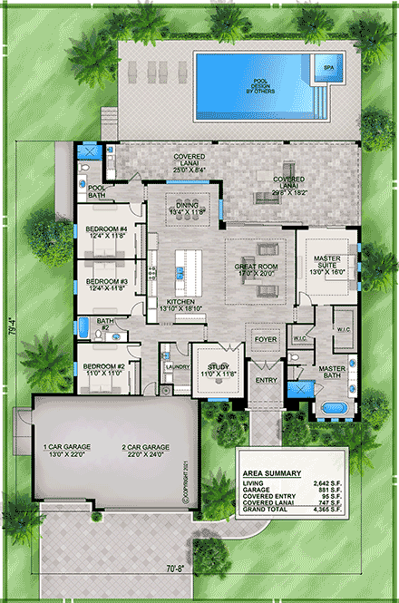Coastal, Contemporary, Florida, Mediterranean House Plan 77526 with 4 Beds, 3 Baths, 3 Car Garage First Level Plan