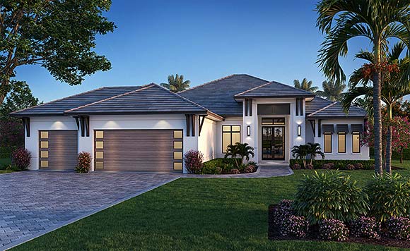 Coastal, Contemporary, Florida, Mediterranean House Plan 77526 with 4 Beds, 3 Baths, 3 Car Garage Elevation