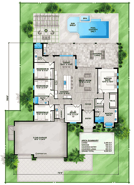 Coastal, Contemporary, Florida House Plan 77527 with 4 Beds, 3 Baths, 3 Car Garage First Level Plan