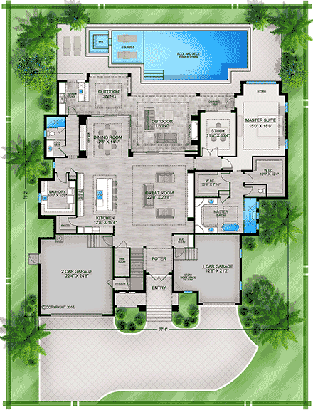 Coastal, Contemporary, Florida House Plan 77529 with 4 Beds, 5 Baths, 3 Car Garage First Level Plan