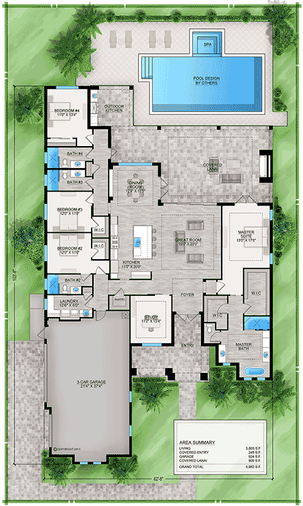 Coastal, Contemporary, Florida House Plan 77530 with 4 Beds, 4 Baths, 3 Car Garage First Level Plan