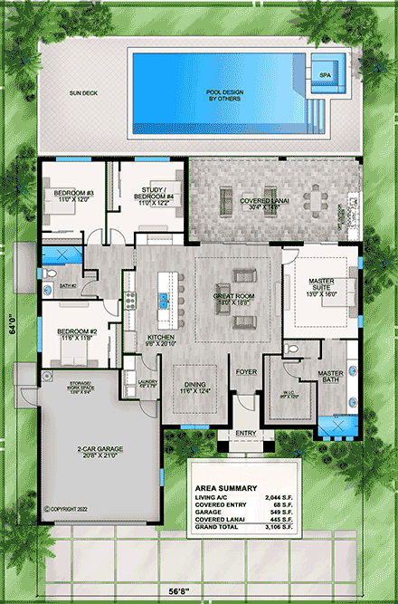 Coastal, European, Florida, Mediterranean House Plan 77532 with 4 Beds, 2 Baths, 2 Car Garage First Level Plan