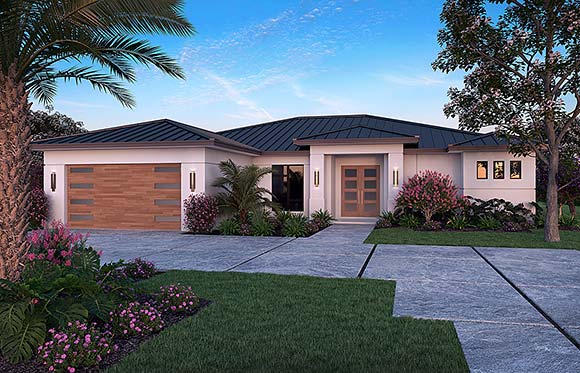 Coastal, Contemporary, Florida, Mediterranean House Plan 77533 with 4 Beds, 2 Baths, 2 Car Garage Elevation