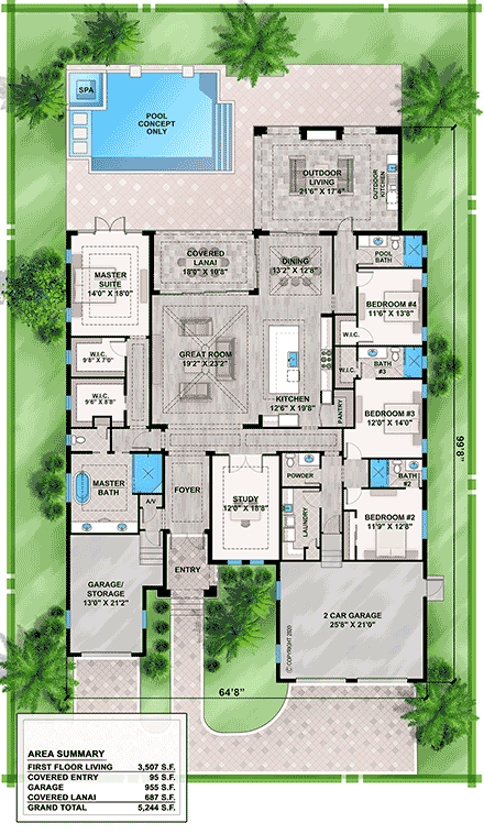 Coastal, Contemporary, Florida House Plan 77536 with 4 Beds, 5 Baths, 3 Car Garage First Level Plan