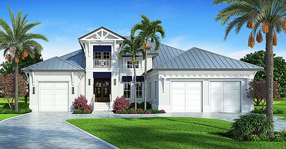 Coastal, Contemporary, Florida House Plan 77536 with 4 Beds, 5 Baths, 3 Car Garage Elevation