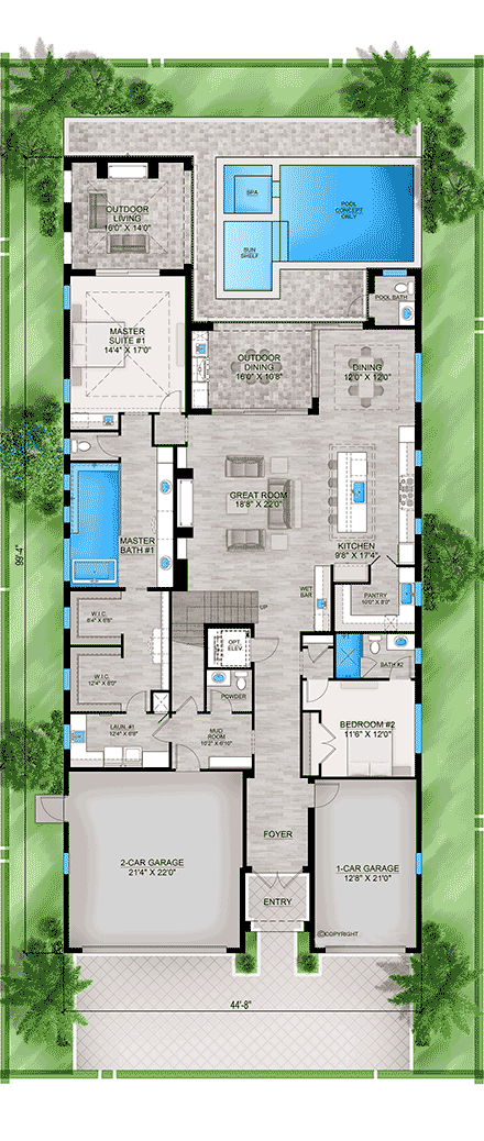 Coastal, Contemporary, Florida House Plan 77538 with 5 Beds, 7 Baths, 3 Car Garage First Level Plan