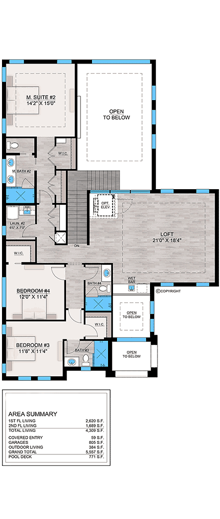 Coastal, Contemporary, Florida House Plan 77538 with 5 Beds, 7 Baths, 3 Car Garage Second Level Plan