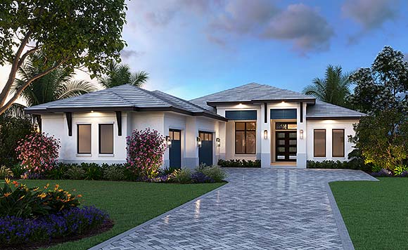 Coastal, Contemporary, Florida, Mediterranean House Plan 77539 with 4 Beds, 4 Baths, 3 Car Garage Elevation