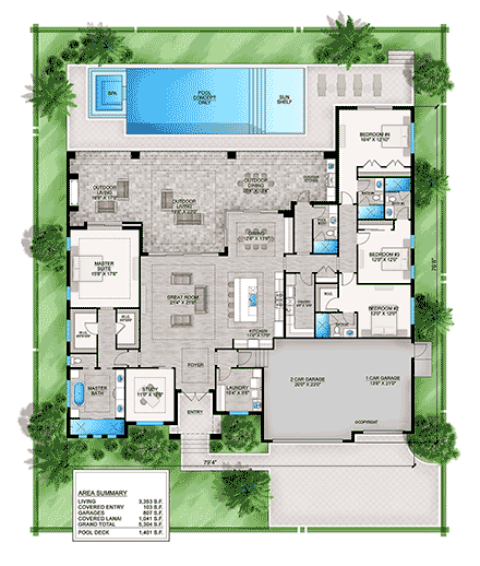 Coastal, Contemporary, Florida House Plan 77544 with 4 Beds, 5 Baths, 3 Car Garage First Level Plan