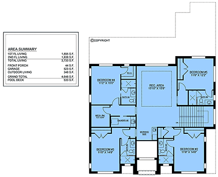 Coastal, Contemporary, Florida House Plan 77545 with 5 Beds, 7 Baths, 2 Car Garage Second Level Plan