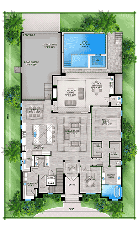 Coastal, Contemporary, Florida House Plan 77549 with 5 Beds, 7 Baths, 3 Car Garage First Level Plan