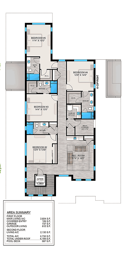 Coastal, Contemporary, Florida House Plan 77549 with 5 Beds, 7 Baths, 3 Car Garage Second Level Plan
