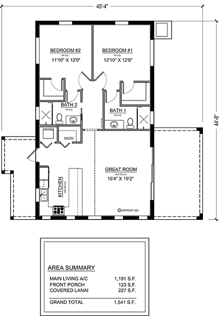 Modern House Plan 77603 with 2 Beds, 2 Baths First Level Plan