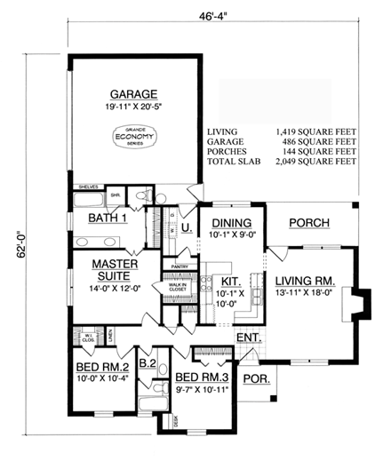 Traditional House Plan 77743 with 3 Beds, 2 Baths, 2 Car Garage First Level Plan