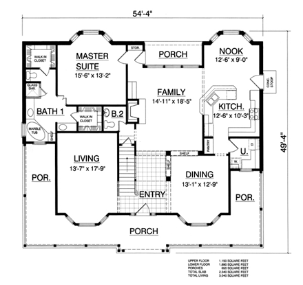 Country, Ranch, Southern House Plan 77751 with 5 Beds, 4 Baths First Level Plan