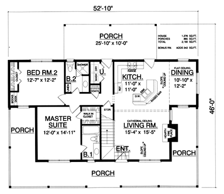 Country House Plan 77753 with 2 Beds, 2 Baths First Level Plan
