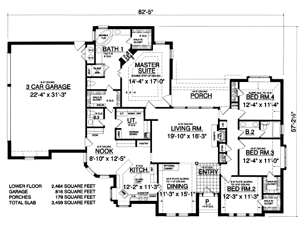 Traditional House Plan 77763 with 4 Beds, 3 Baths, 3 Car Garage Level One