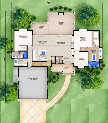 House Plan 78100 with 3 Beds, 4 Baths, 2 Car Garage First Level Plan