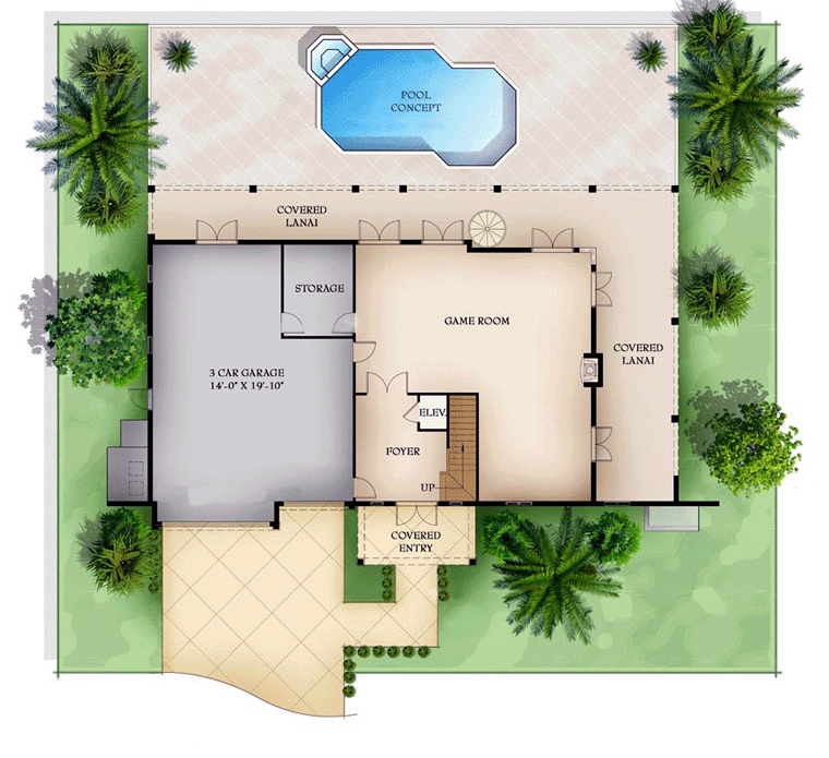 Florida House Plan 78103 with 3 Beds, 3 Baths, 3 Car Garage Level One