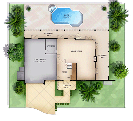 Florida House Plan 78103 with 3 Beds, 3 Baths, 3 Car Garage First Level Plan