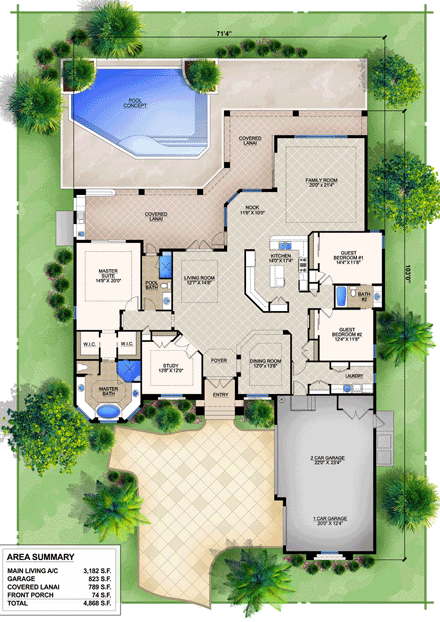 Mediterranean House Plan 78105 with 3 Beds, 3 Baths, 3 Car Garage First Level Plan
