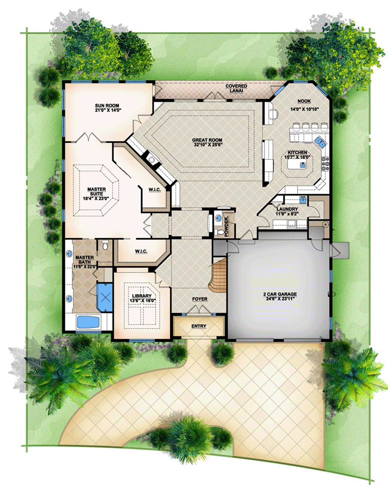 Mediterranean House Plan 78106 with 3 Beds, 4 Baths, 2 Car Garage Level One