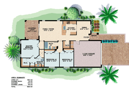 Mediterranean House Plan 78107 with 3 Beds, 2 Baths, 2 Car Garage First Level Plan